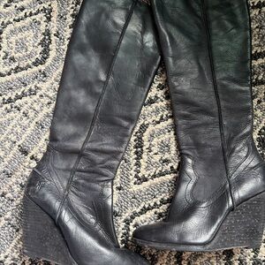 Black Leather Knee-High Wedge Boots
